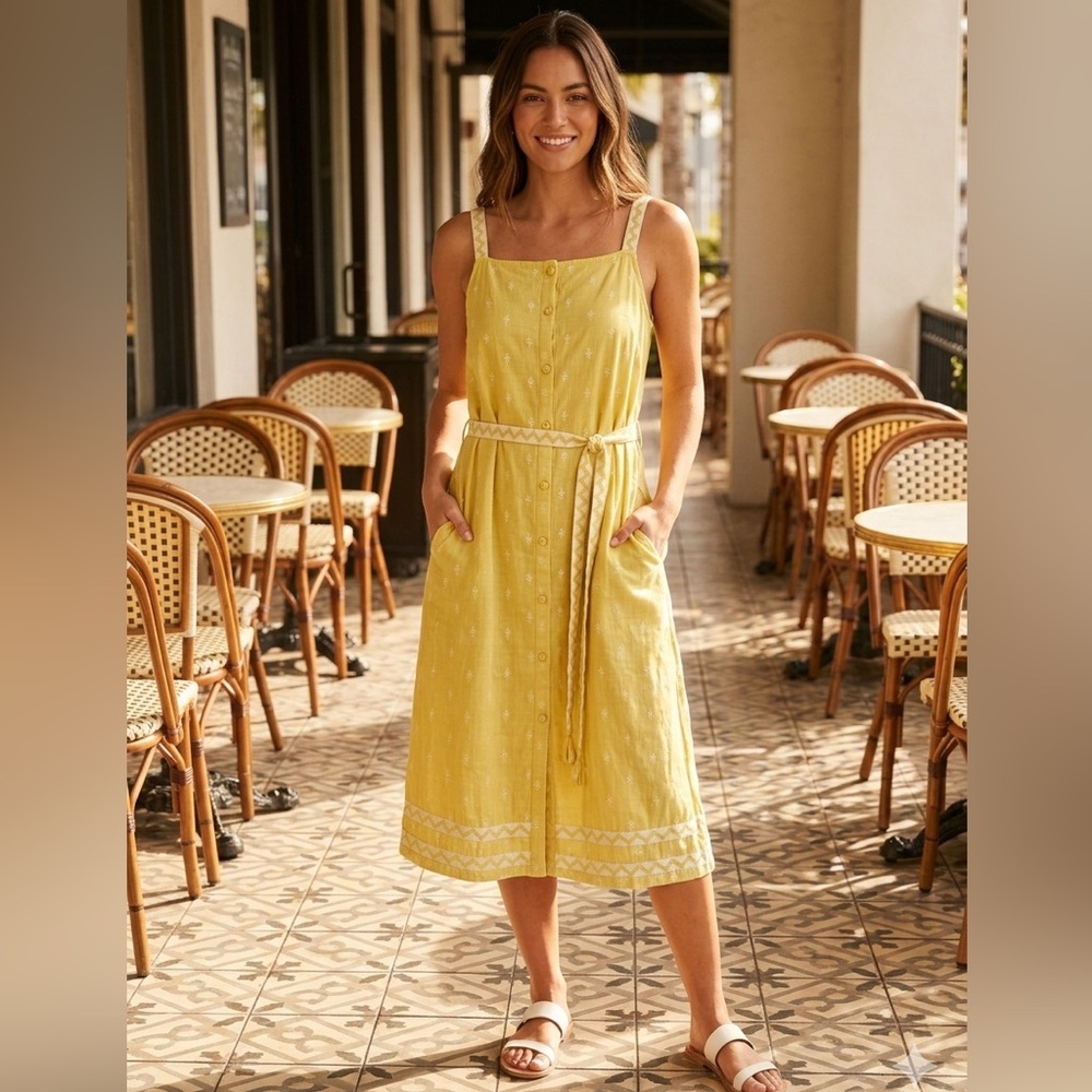 Vtg Melange floral Yellow Button-Down Midi Dress pullover with pockets